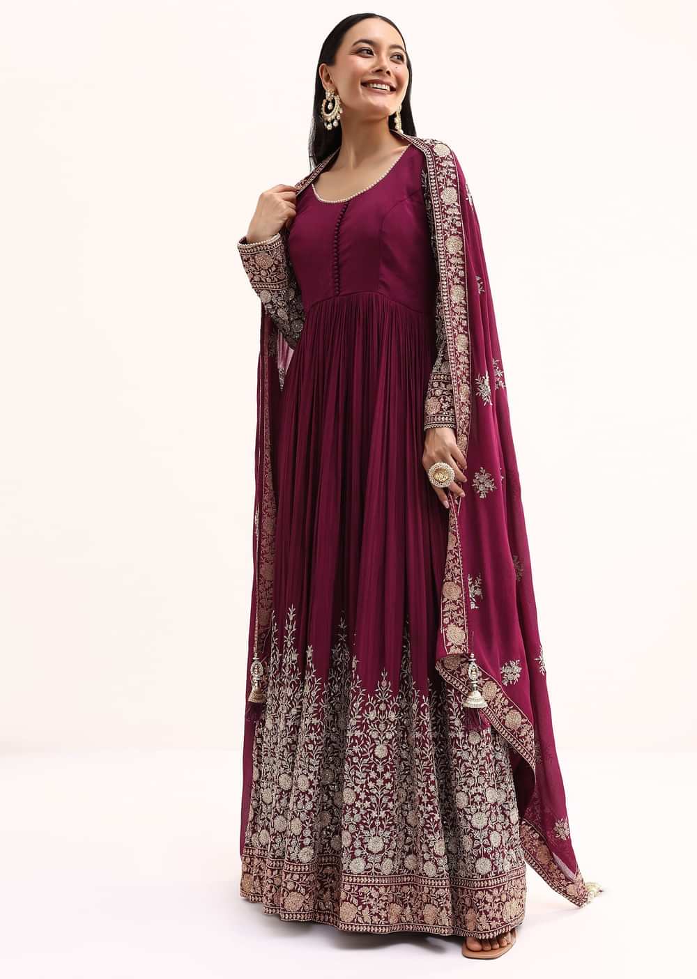 Wine Chinon Anarkali Suit With Zari Work