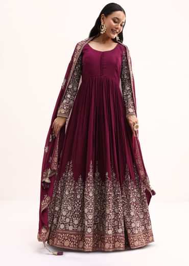 Wine Chinon Anarkali Suit With Zari Work