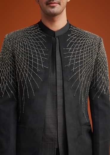 Black Open Indo Jacket Set With Silver Beadwork