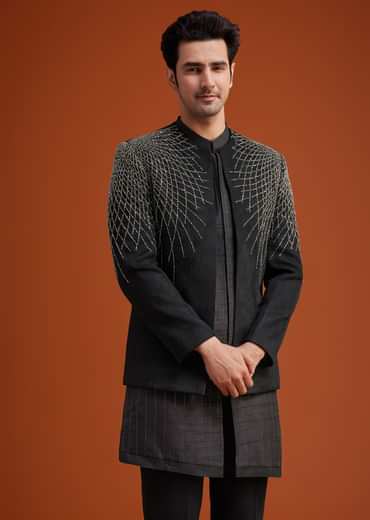 Black Open Indo Jacket Set With Silver Beadwork