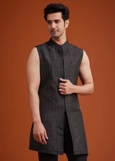 Black Open Indo Jacket Set With Silver Beadwork