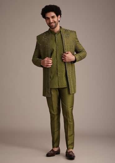 Mehendi Green Silk Zardosi Kurta Jacket Set