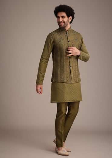 Mehendi Green Silk Kurta Jacket Set With Zardosi And Thread Work