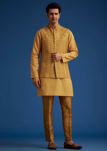 Yellow Cotton Linen Jacket With Stone And Thread Embroidery