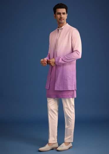 Purple Ombre Silk Zardozi Work Long Jacket And Kurta Set