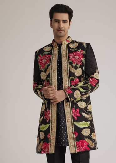 Black Silk Floral Hand Embroidered Indowestern Jacket Set