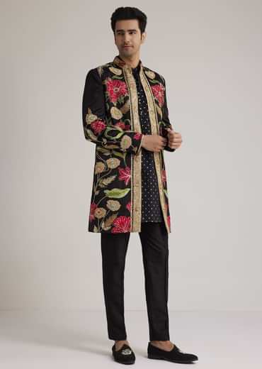 Black Silk Floral Hand Embroidered Indowestern Jacket Set