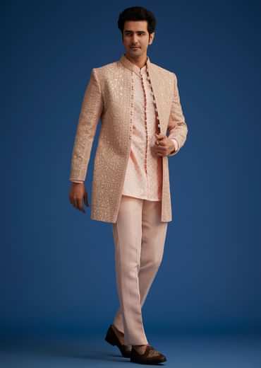 Baby Pink Silk Short Sherwani Set With Zardosi Embroidery