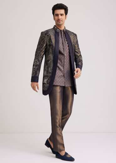 Blue Silk Open Sherwani Set With Zardosi And Mirror Work