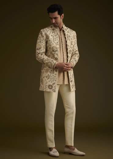 Beige Silk Indowestern Suit With Floral Zardosi Embroidery