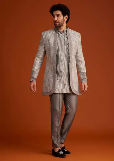 Grey Textured Jacket With Striped Kurta Set