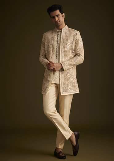 Faun Hand Embroidered Sherwani With Tonal Mirror and Sequin Detailing
