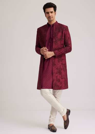 Wine Silk Open Sherwani Set With Zardosi Stone And Beads Work