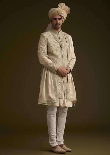 Fawn Silk Sherwani With Zardosi Embroidery
