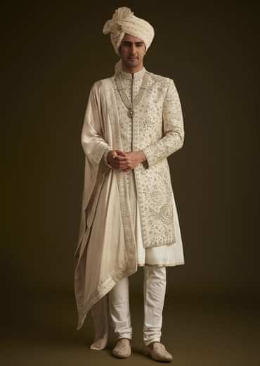 Beige Zardozi Embroidered Sherwani With Matching Dupatta