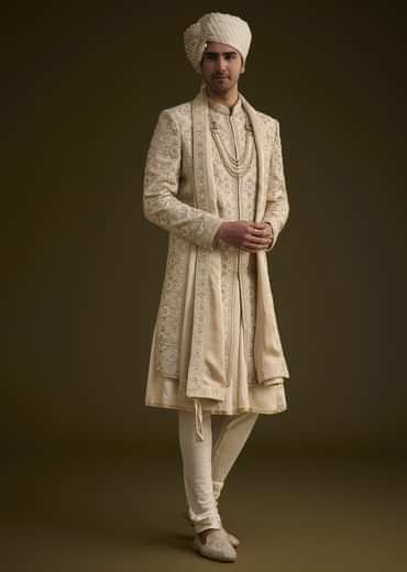 Beige Silk Sherwani Set With Zardosi Embroidery And Anarkali Kurta