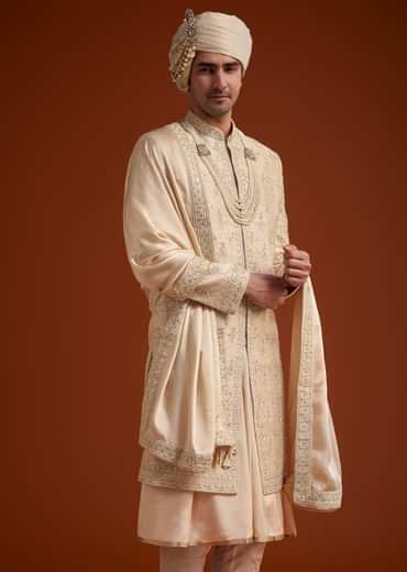 Beige Zardosi Embroidered Sherwani Set