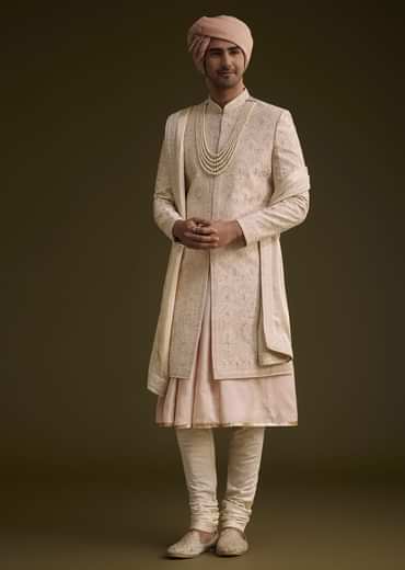 Baby Pink Silk Sherwani Set With Resham Embroidery