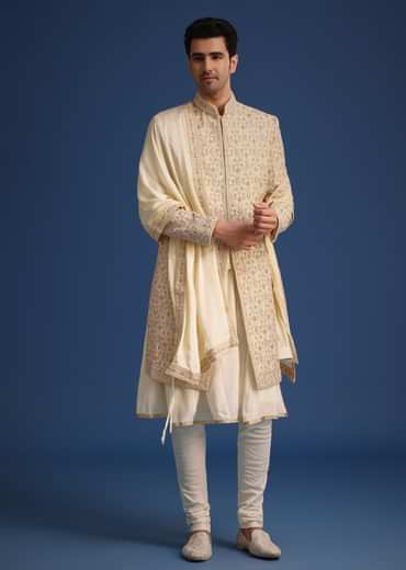 White Silk Zari Work Sherwani Set With Dupatta