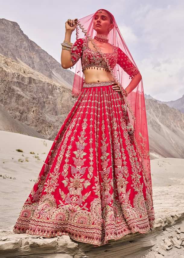 Red Embroidered Bridal Lehenga Blouse With Two Dupattas