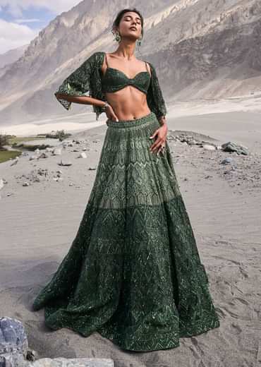 Emerald Green Heavy Crystal Cut Embroidered Lehenga With Cape
