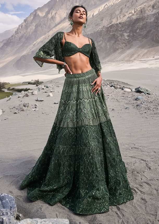 Emerald Green Heavy Crystal Cut Embroidered Lehenga With Cape