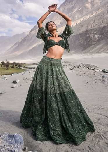 Emerald Green Heavy Crystal Cut Embroidered Lehenga With Cape