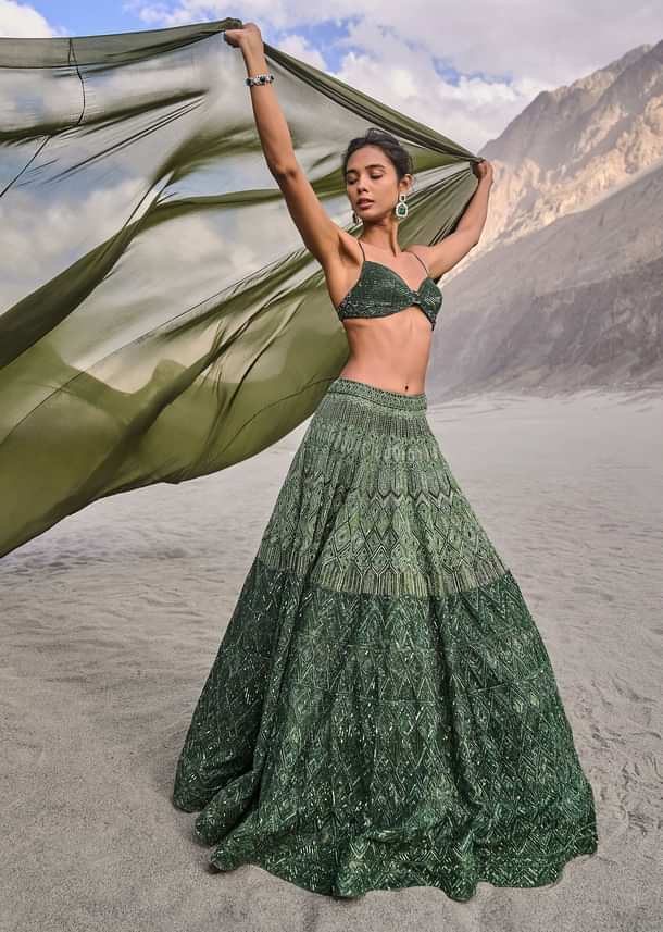 Emerald Green Heavy Crystal Cut Embroidered Lehenga With Cape