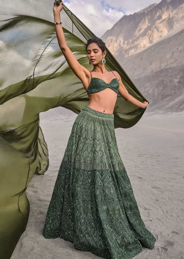 Emerald Green Heavy Crystal Cut Embroidered Lehenga With Cape