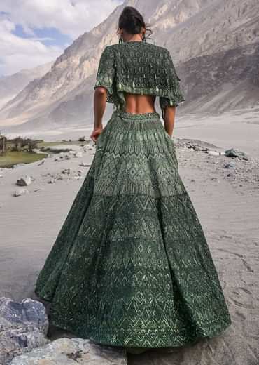 Emerald Green Heavy Crystal Cut Embroidered Lehenga With Cape