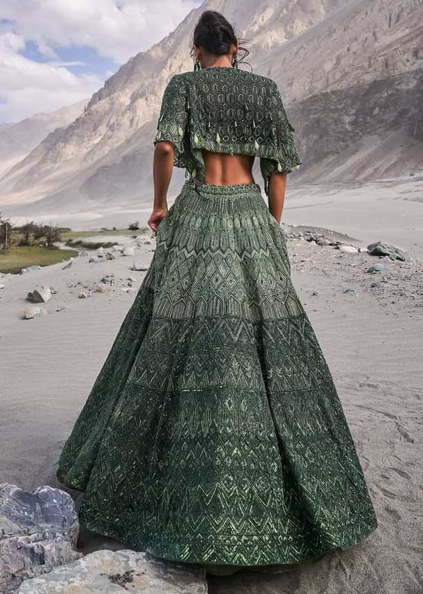 Emerald Green Heavy Crystal Cut Embroidered Lehenga With Cape