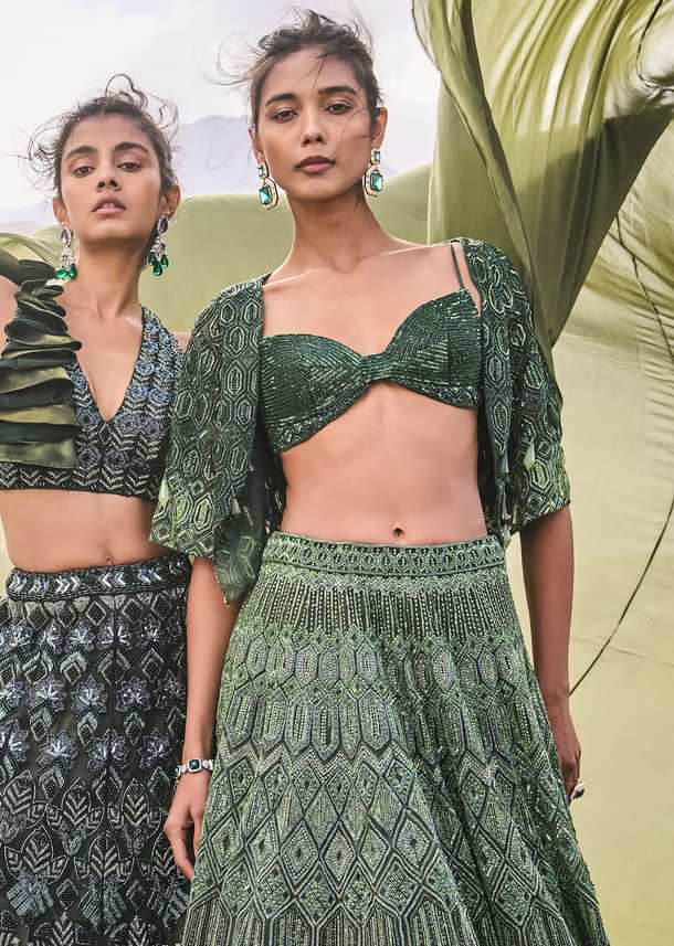 Emerald Green Heavy Crystal Cut Embroidered Lehenga With Cape