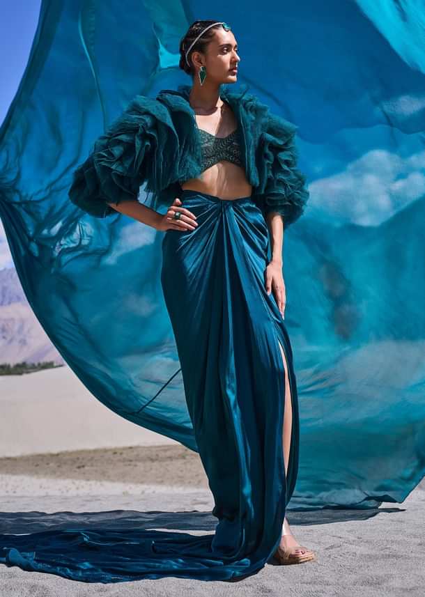 Peacock Green Satin Pre Draped Skirt Set With Ruffle Jacket