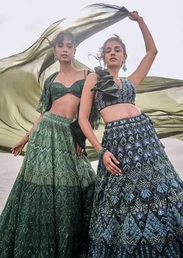 Dark Olive Green 3D Embroidered Lehenga Set With One Side Ruffle Trail