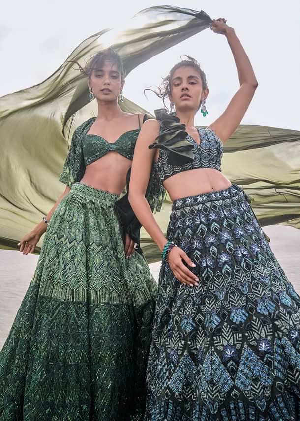 Dark Olive Green 3D Embroidered Lehenga Set With One Side Ruffle Trail