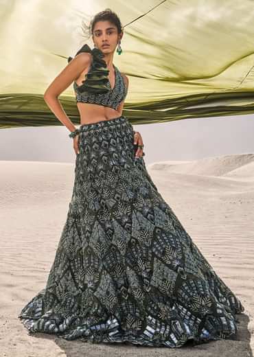 Dark Olive Green 3D Embroidered Lehenga Set With One Side Ruffle Trail
