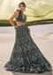 Dark Olive Green 3D Embroidered Lehenga Set With One Side Ruffle Trail
