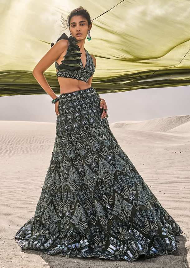 Dark Olive Green 3D Embroidered Lehenga Set With One Side Ruffle Trail