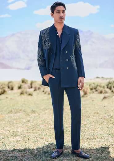 Blue Teal Embroidered Blazer Set