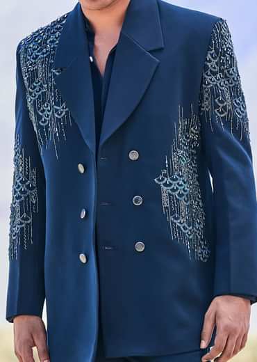Blue Teal Embroidered Blazer Set