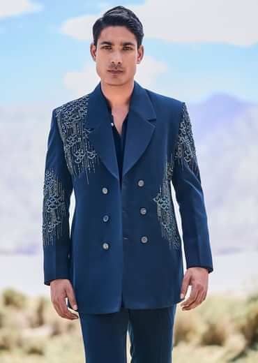 Blue Teal Embroidered Blazer Set