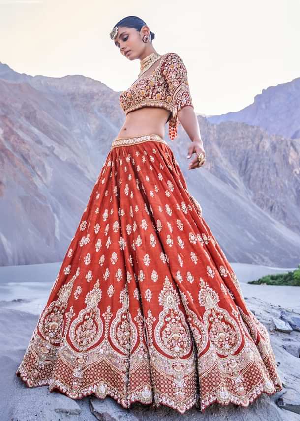 Orange Embroidered Silk Lehenga With Two Dupattas