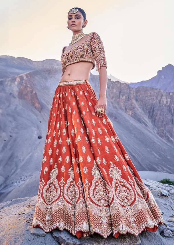 Orange Embroidered Silk Lehenga With Two Dupattas