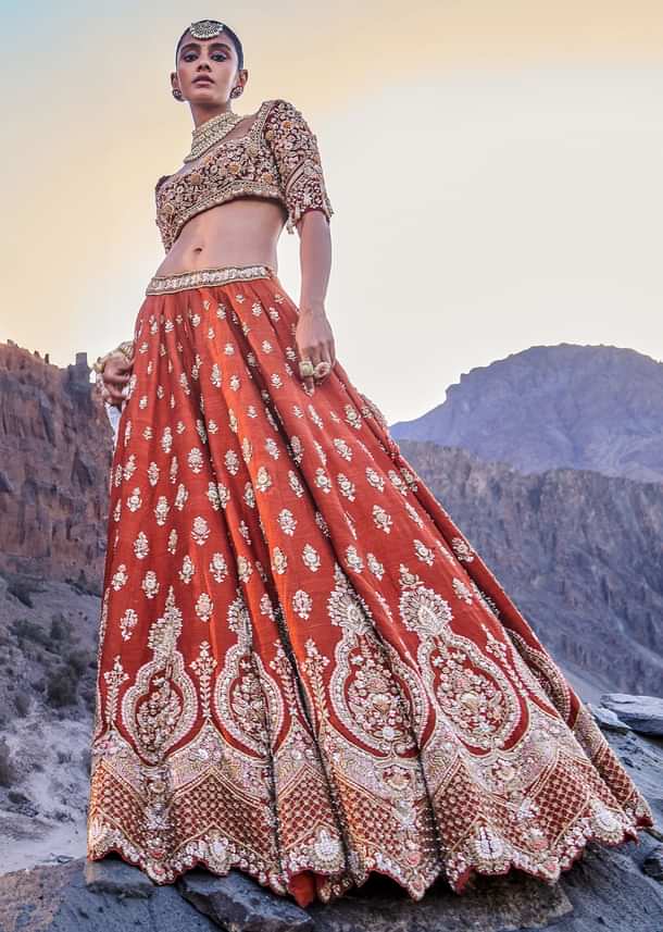 Orange Embroidered Silk Lehenga With Two Dupattas