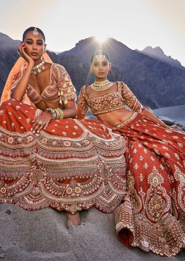 Orange Embroidered Silk Lehenga With Two Dupattas