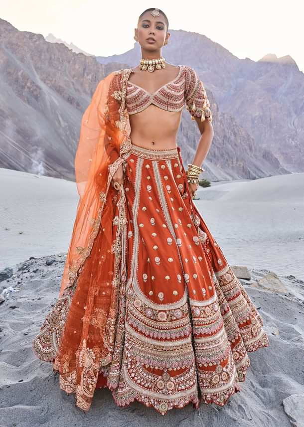 Rust Lehenga With Moti Embroidered Two Dupattas