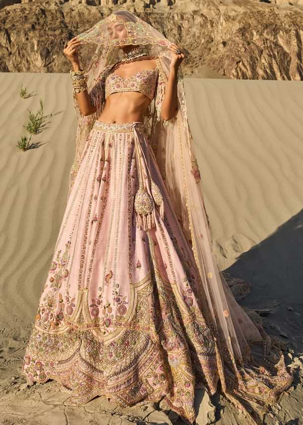 Pink Embroidered Butti Work Bridal Lehenga With Two Dupattas
