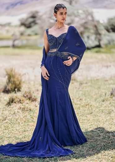 Blue Embroidered Asymmetric Fishcut Crepe Skirt With Blouse And Pallu
