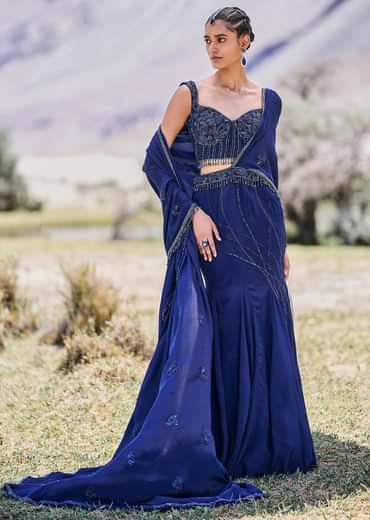 Blue Embroidered Asymmetric Fishcut Crepe Skirt With Blouse And Pallu