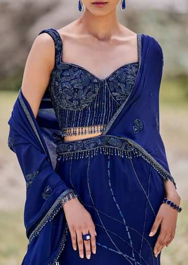 Blue Embroidered Asymmetric Fishcut Crepe Skirt With Blouse And Pallu